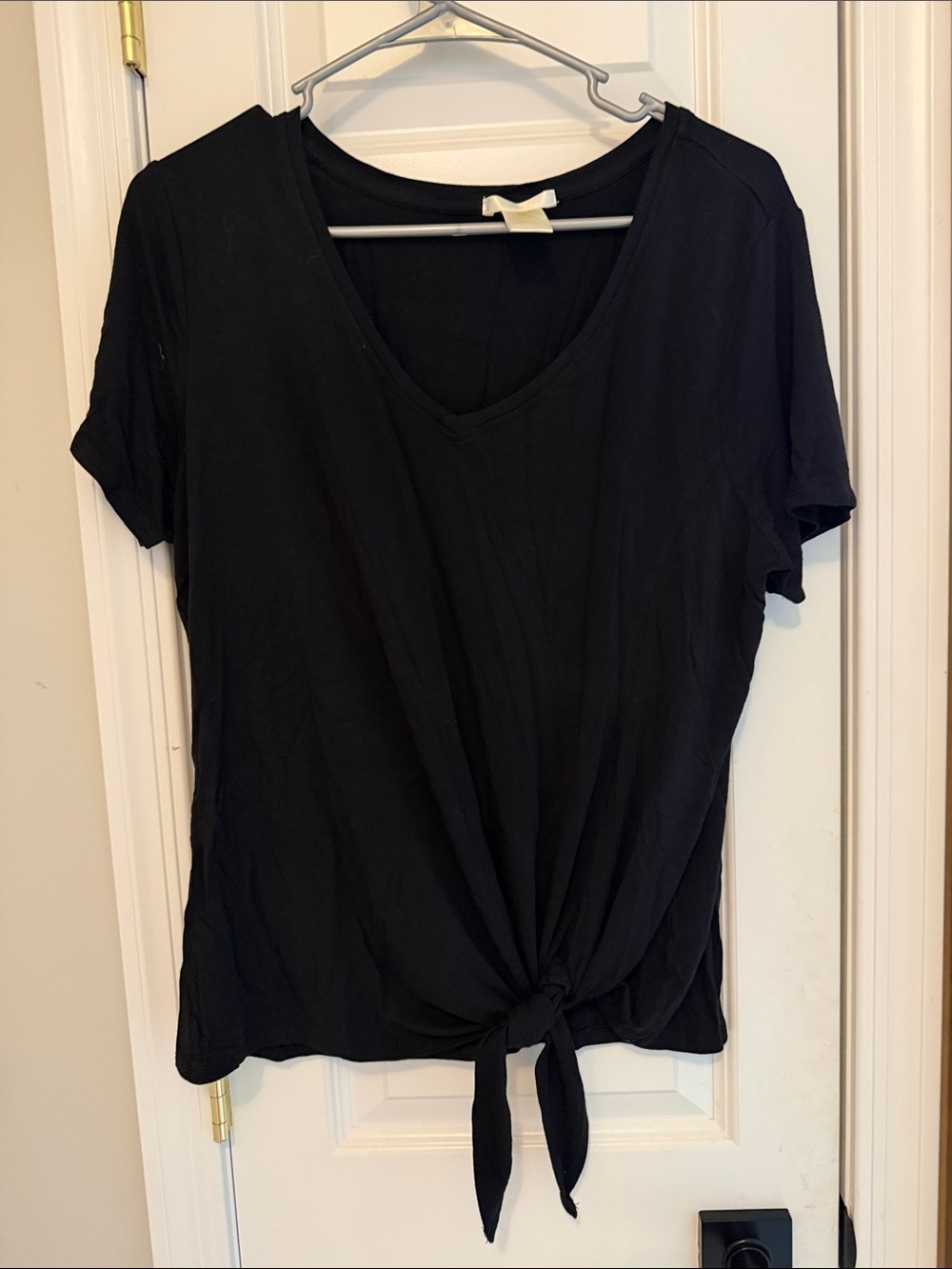 Matty M Black Short Sleeve V-Neck Tie-Front Tee